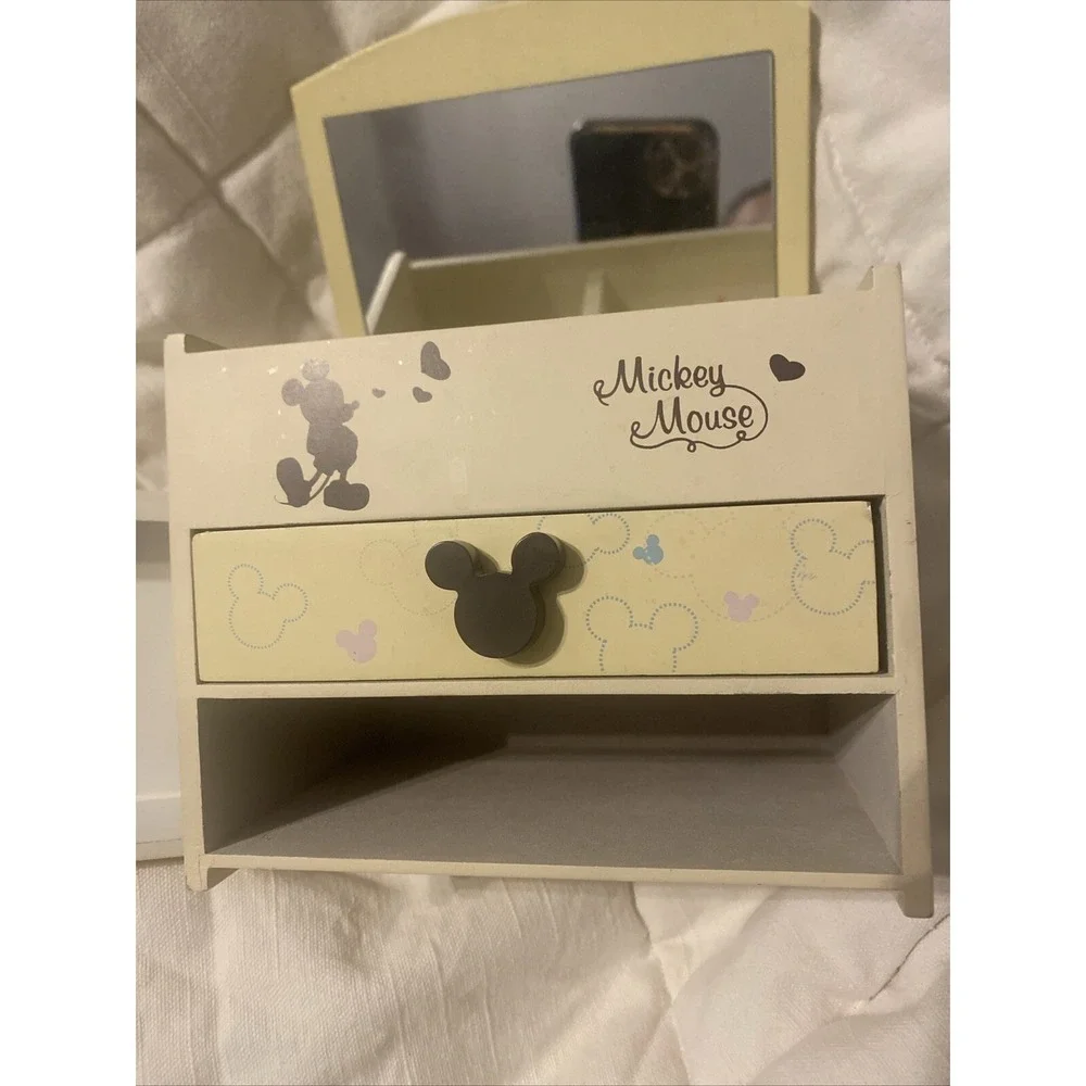 Vtg Disney Wood Mickey Mouse Mirror Jewelry Trinket Box RARE Mickey & Minnie‎